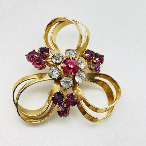 Cloverleaf Ribbon Pin Gold Tone Pink Clear Rhinestone Accents Nature Garden Tree - Picture 4 of 6